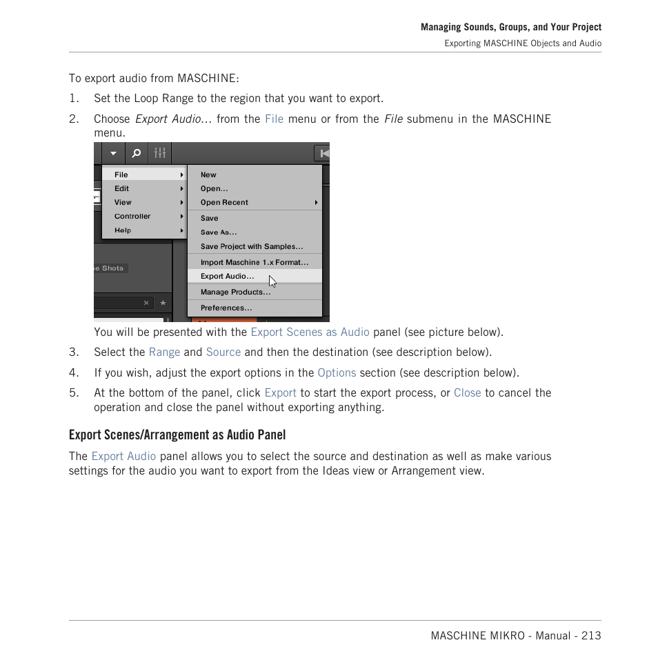 Export scenes/arrangement as audio panel | Native Instruments MASCHINE MIKRO MK3 Groove Production Studio (Black) User Manual | Page 213 / 807