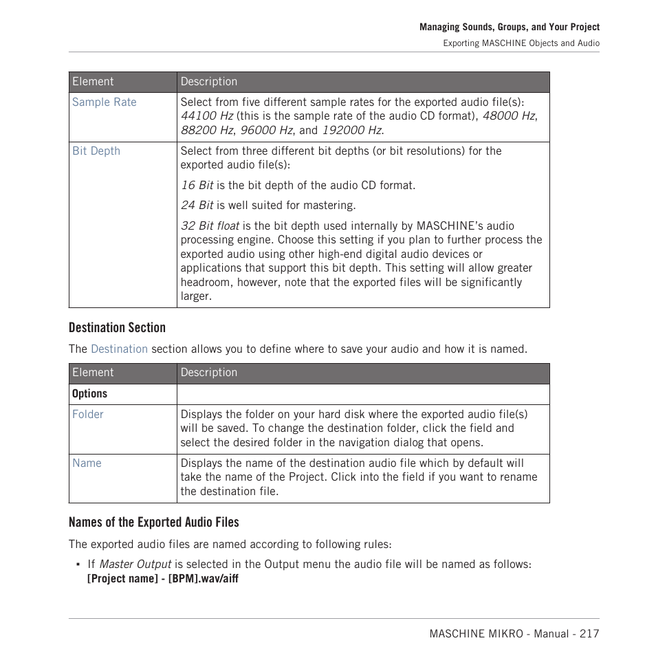 Names of the exported audio files | Native Instruments MASCHINE MIKRO MK3 Groove Production Studio (Black) User Manual | Page 217 / 807