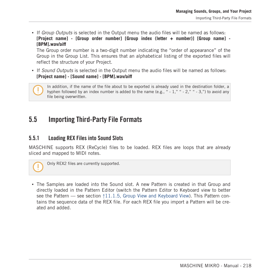 Importing third-party file formats, Loading rex files into sound slots, 5 importing third-party file formats | 1 loading rex files into sound slots | Native Instruments MASCHINE MIKRO MK3 Groove Production Studio (Black) User Manual | Page 218 / 807