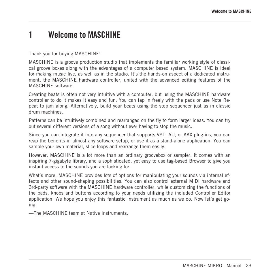 Welcome to maschine, 1welcome to maschine | Native Instruments MASCHINE MIKRO MK3 Groove Production Studio (Black) User Manual | Page 23 / 807