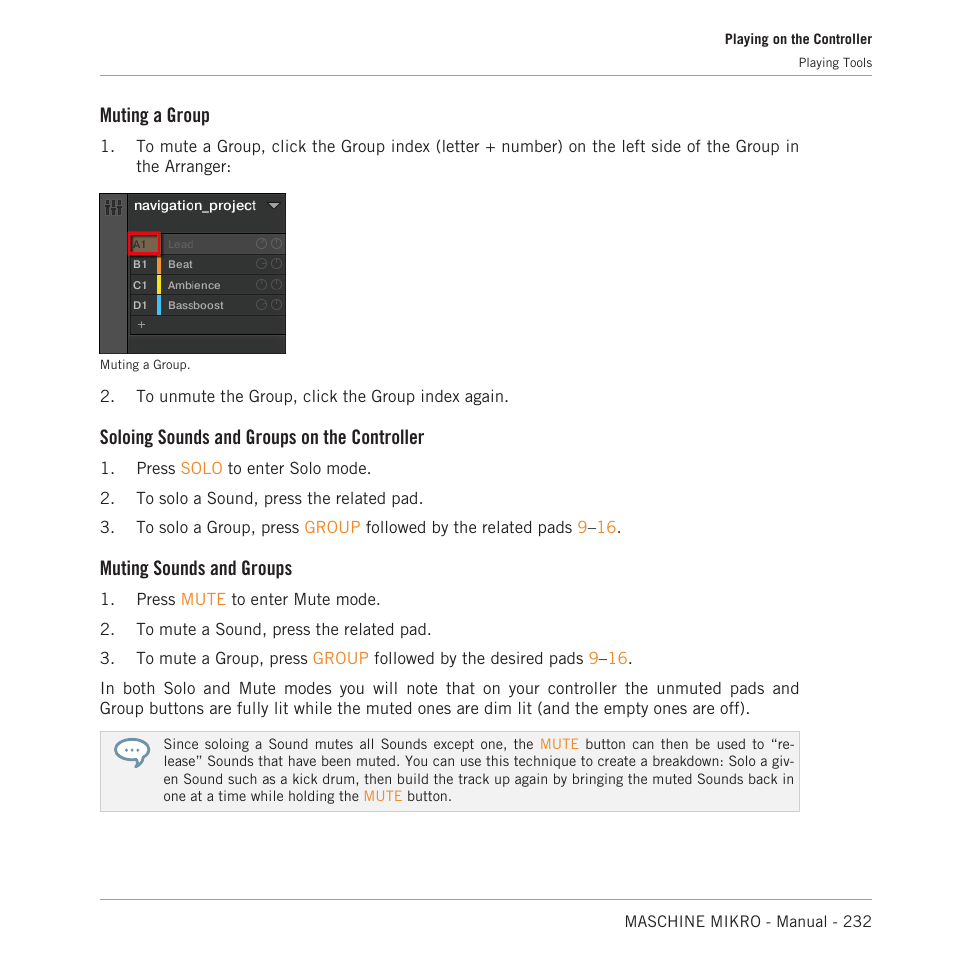 Muting a group, Soloing sounds and groups on the controller, Muting sounds and groups | Native Instruments MASCHINE MIKRO MK3 Groove Production Studio (Black) User Manual | Page 232 / 807