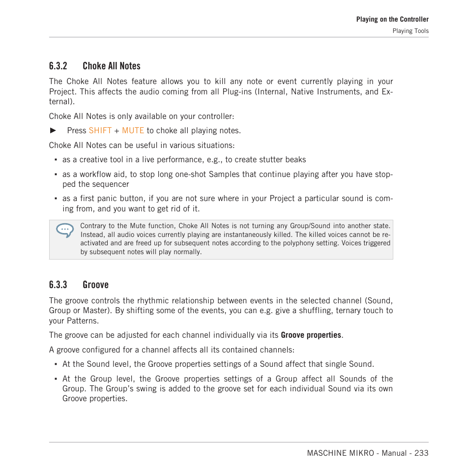 Choke all notes, Groove, 3, groove | For more details on these, Allow you to cut all playing audio, 2, choke all notes, 3 groove | Native Instruments MASCHINE MIKRO MK3 Groove Production Studio (Black) User Manual | Page 233 / 807