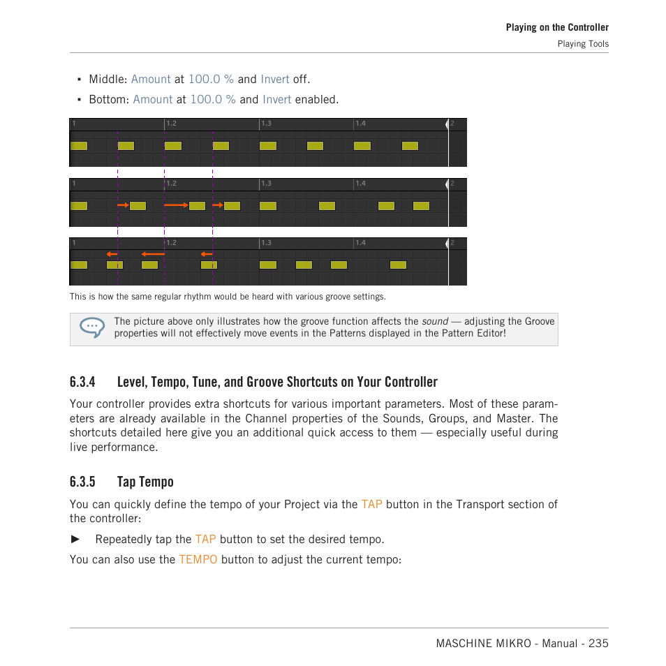 Tap tempo, 4, level, tempo, tune, and groove shortcuts on, Your controller | 5 tap tempo | Native Instruments MASCHINE MIKRO MK3 Groove Production Studio (Black) User Manual | Page 235 / 807