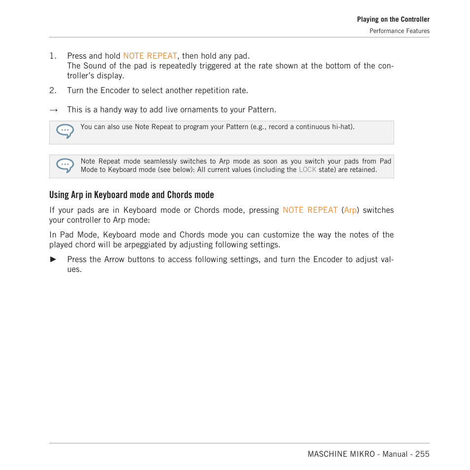 Using arp in keyboard mode and chords mode | Native Instruments MASCHINE MIKRO MK3 Groove Production Studio (Black) User Manual | Page 255 / 807