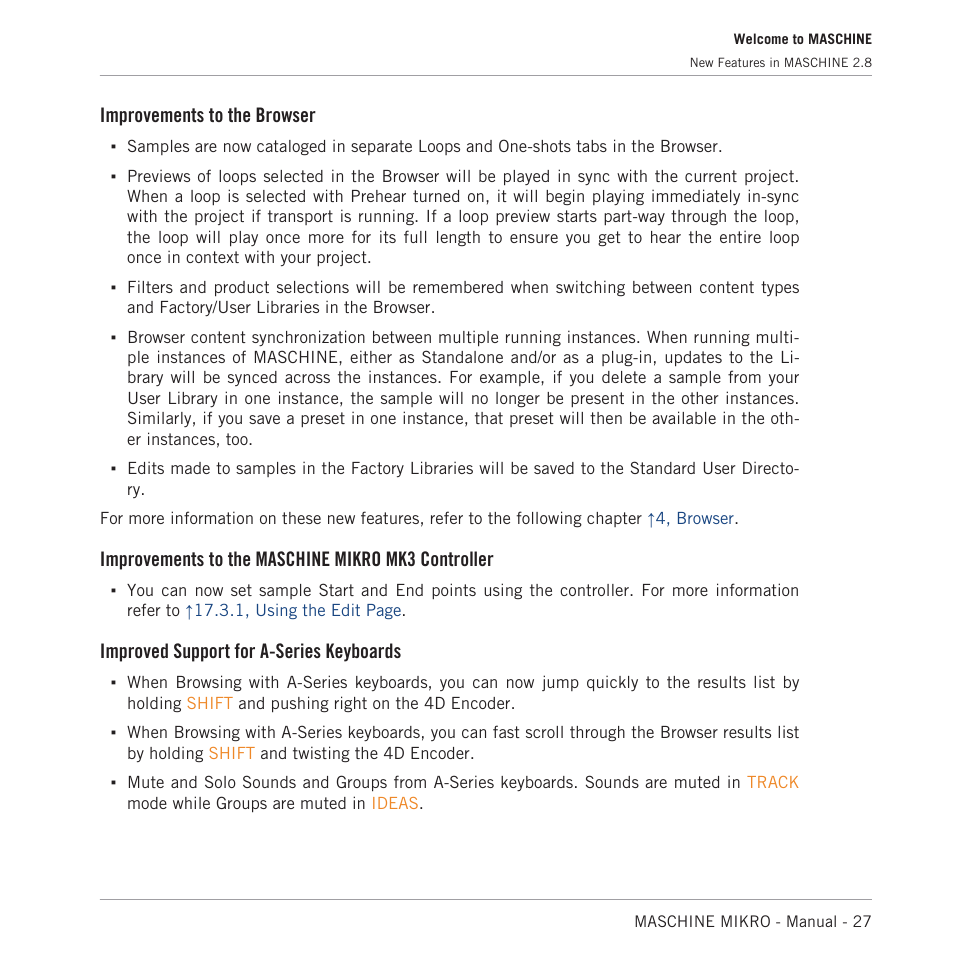 Improvements to the browser, Improvements to the maschine mikro mk3 controller, Improved support for a-series keyboards | Native Instruments MASCHINE MIKRO MK3 Groove Production Studio (Black) User Manual | Page 27 / 807
