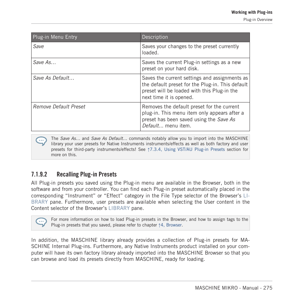Recalling plug-in presets, 2 recalling plug-in presets | Native Instruments MASCHINE MIKRO MK3 Groove Production Studio (Black) User Manual | Page 275 / 807