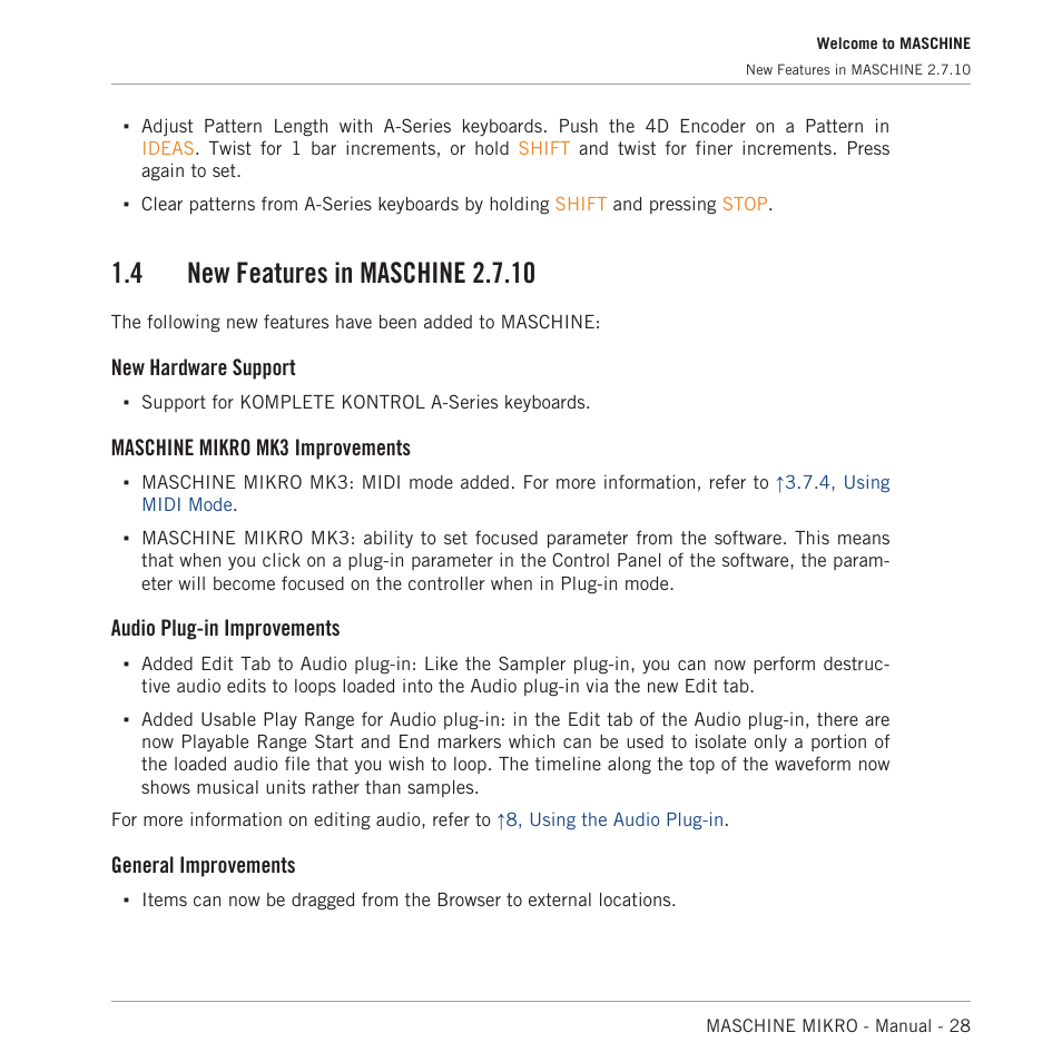 New features in maschine 2.7.10, New hardware support, Maschine mikro mk3 improvements | Audio plug-in improvements, General improvements | Native Instruments MASCHINE MIKRO MK3 Groove Production Studio (Black) User Manual | Page 28 / 807