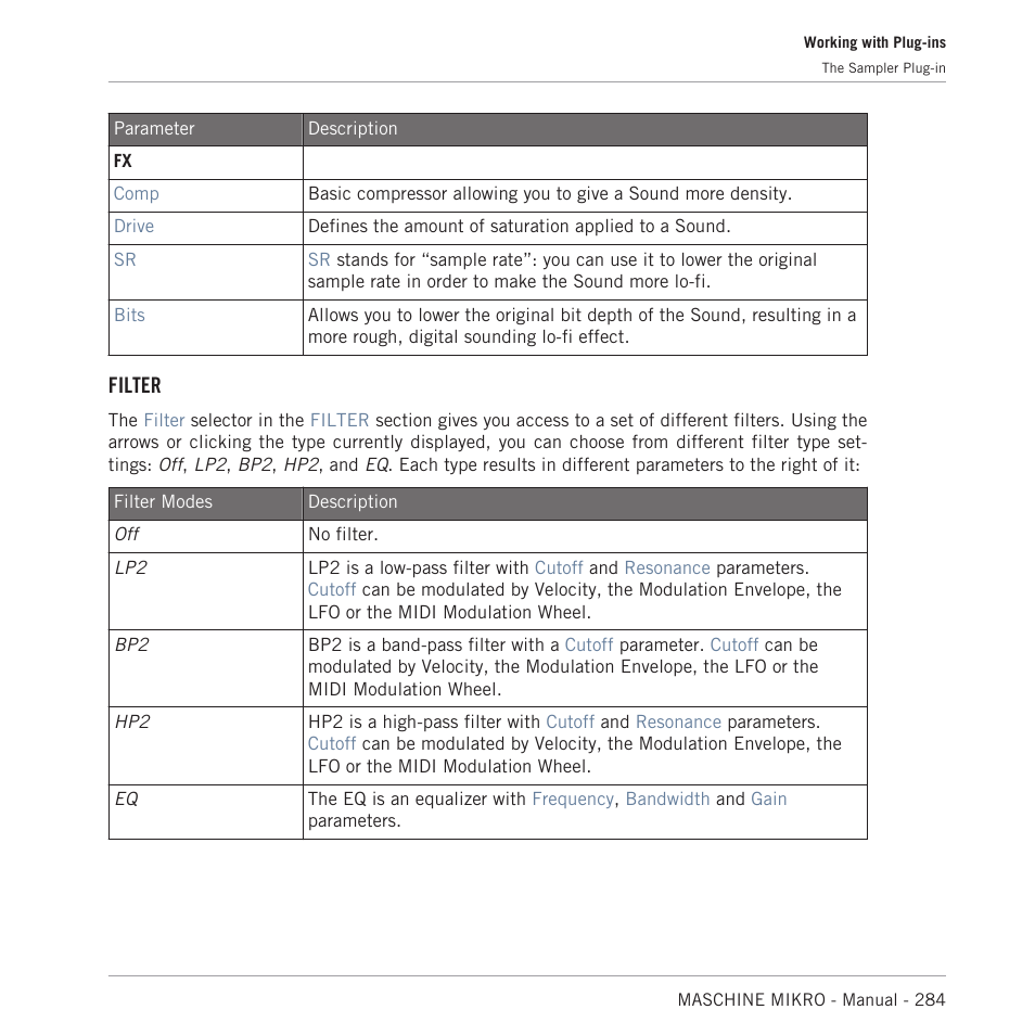 Filter | Native Instruments MASCHINE MIKRO MK3 Groove Production Studio (Black) User Manual | Page 284 / 807