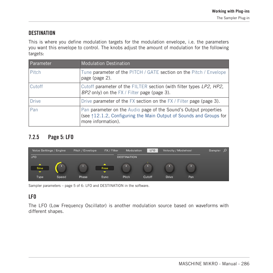 Control, see, Destination, 5 page 5: lfo | Native Instruments MASCHINE MIKRO MK3 Groove Production Studio (Black) User Manual | Page 286 / 807
