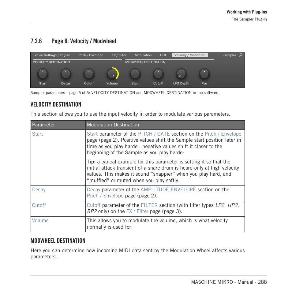 6 page 6: velocity / modwheel, Velocity destination, Modwheel destination | Native Instruments MASCHINE MIKRO MK3 Groove Production Studio (Black) User Manual | Page 288 / 807