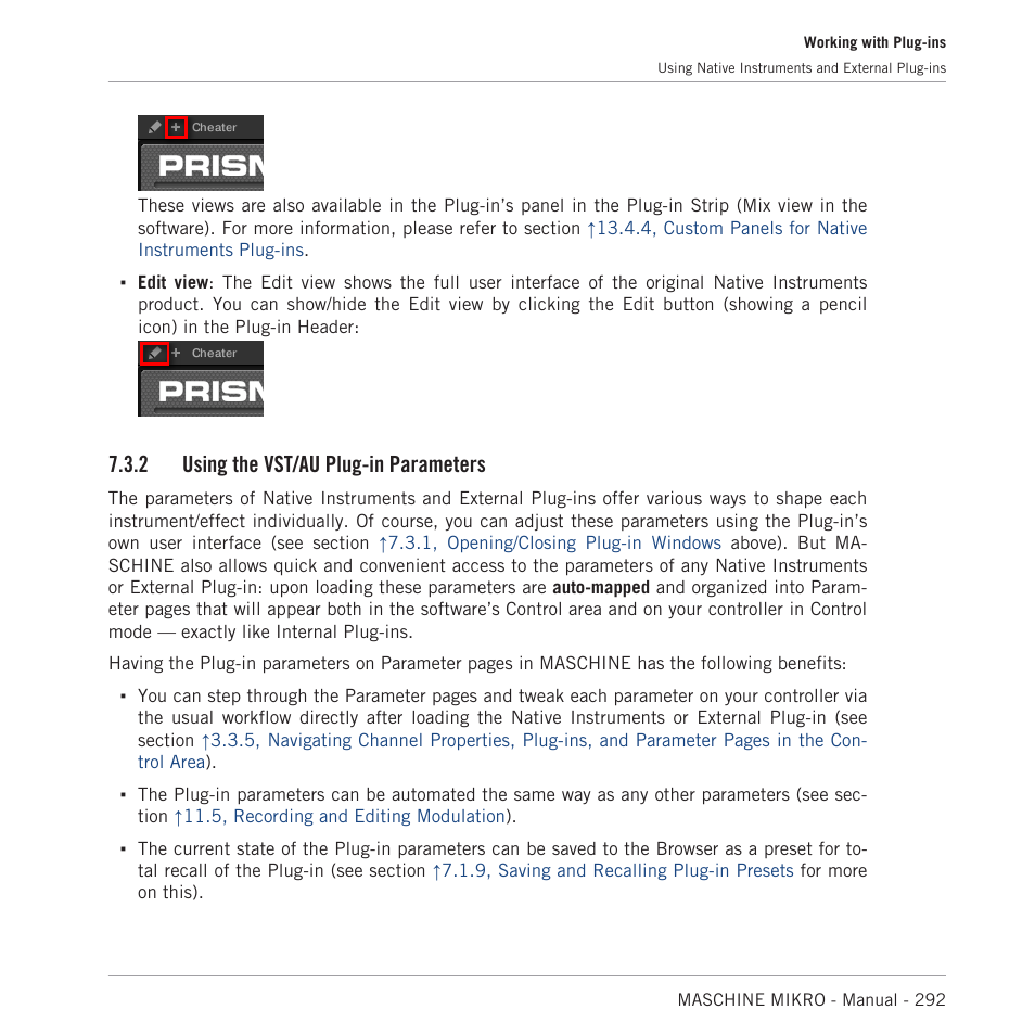 Using the vst/au plug-in parameters, 2 using the vst/au plug-in parameters | Native Instruments MASCHINE MIKRO MK3 Groove Production Studio (Black) User Manual | Page 292 / 807