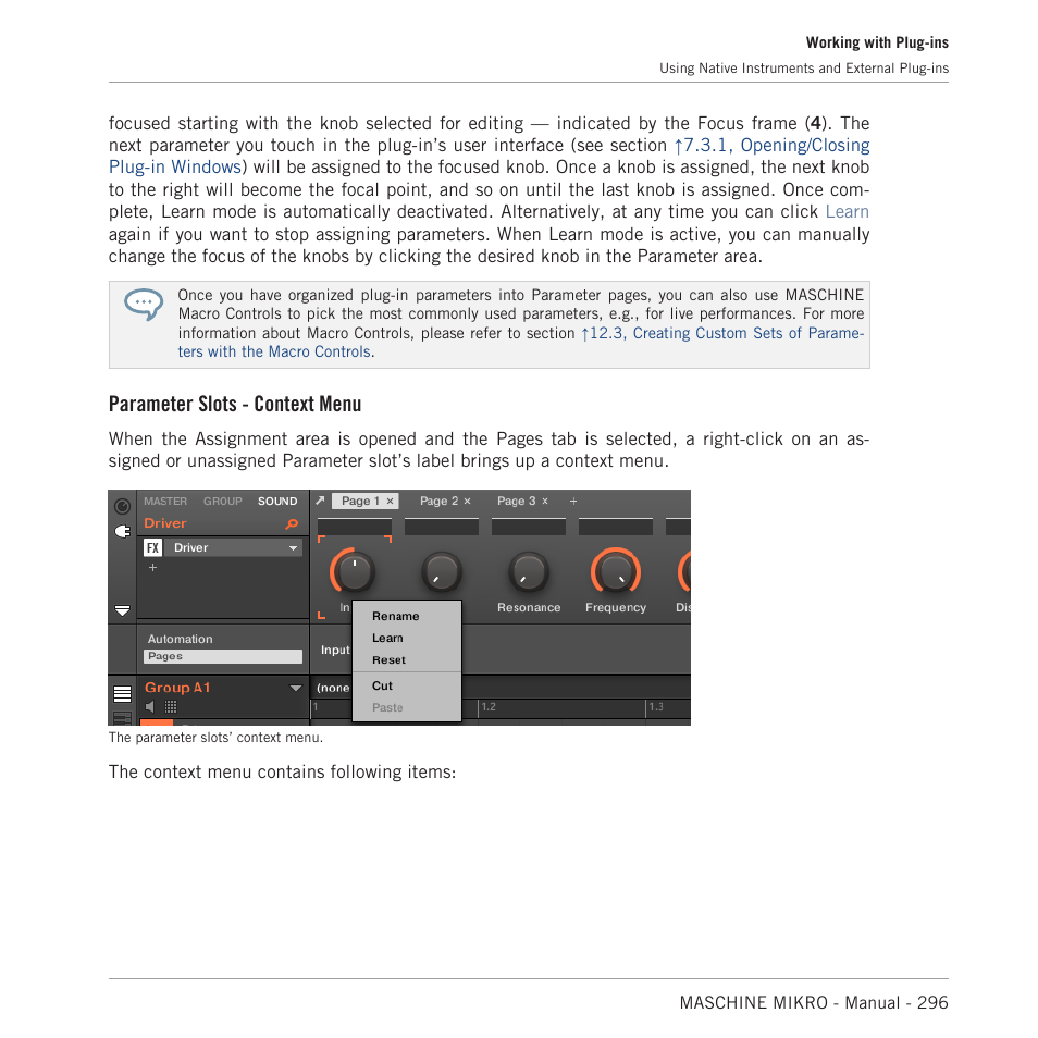 Parameter slots - context menu | Native Instruments MASCHINE MIKRO MK3 Groove Production Studio (Black) User Manual | Page 296 / 807