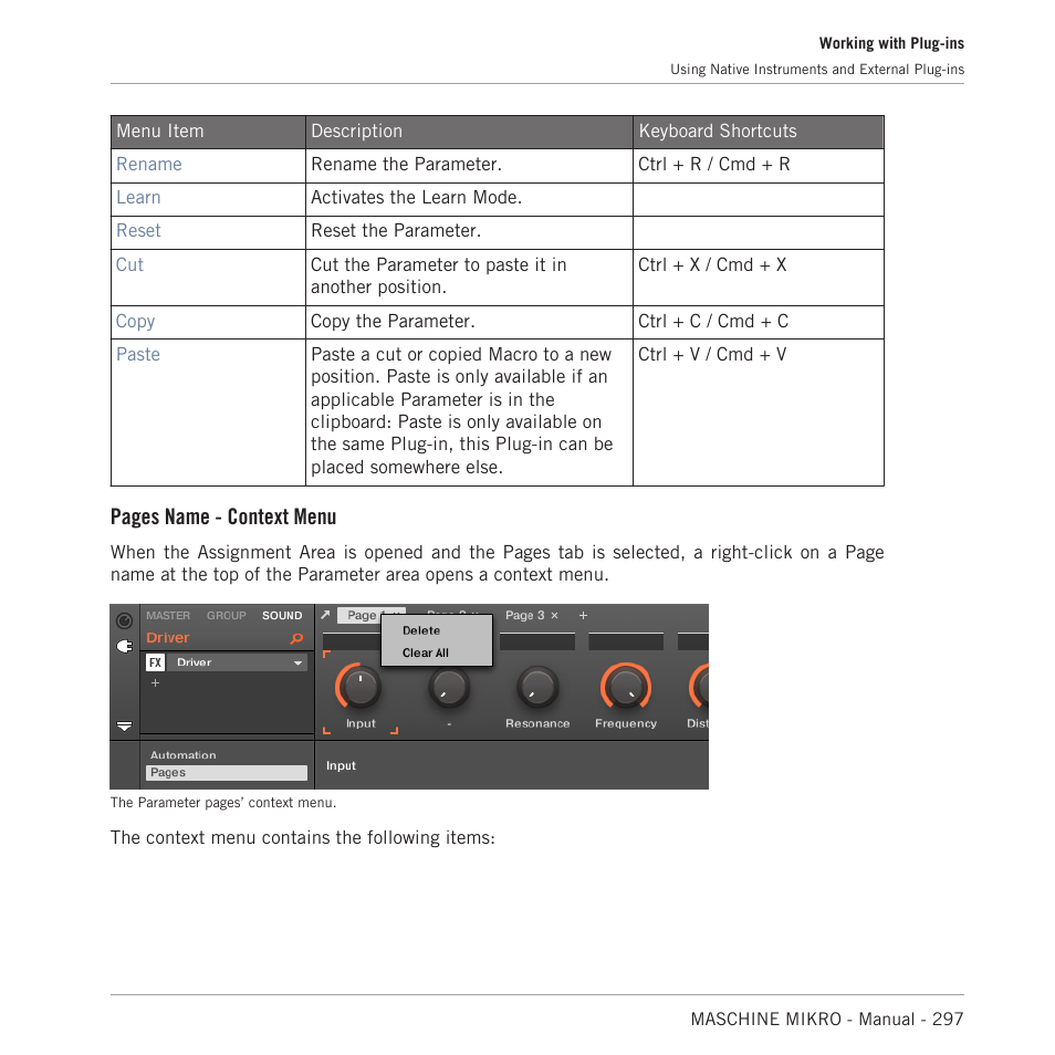 Pages name - context menu | Native Instruments MASCHINE MIKRO MK3 Groove Production Studio (Black) User Manual | Page 297 / 807