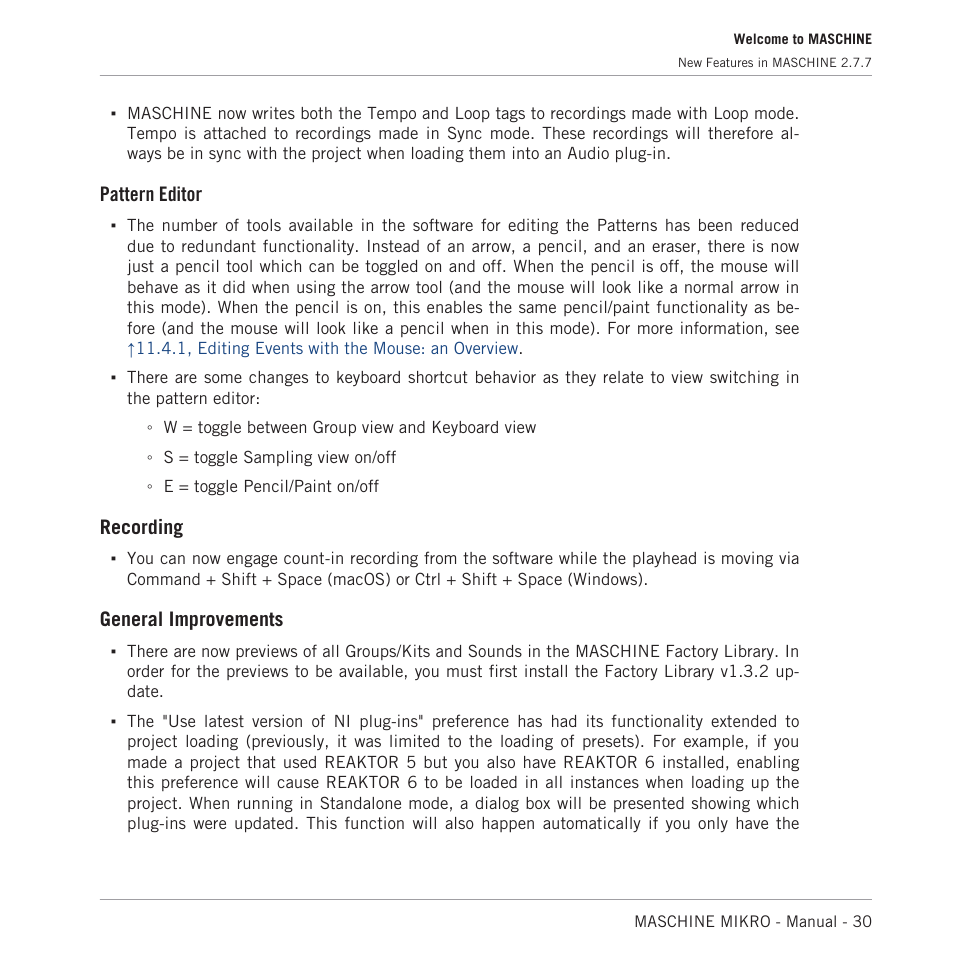 Pattern editor, Recording, General improvements | Native Instruments MASCHINE MIKRO MK3 Groove Production Studio (Black) User Manual | Page 30 / 807