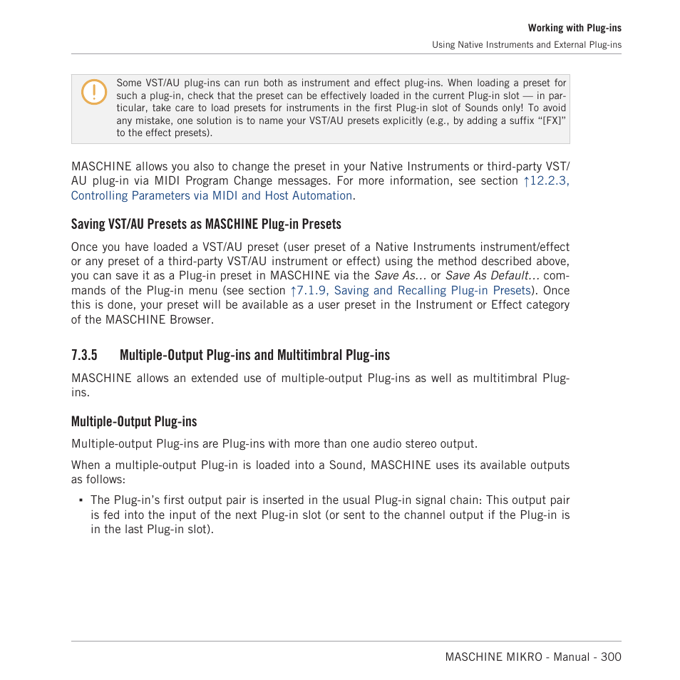 Multiple-output plug-ins and multitimbral plug-ins, Saving vst/au presets as maschine plug-in presets, Multiple-output plug-ins | Native Instruments MASCHINE MIKRO MK3 Groove Production Studio (Black) User Manual | Page 300 / 807