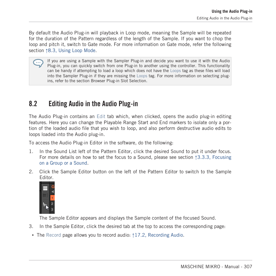 Editing audio in the audio plug-in, 2 editing audio in the audio plug-in | Native Instruments MASCHINE MIKRO MK3 Groove Production Studio (Black) User Manual | Page 307 / 807