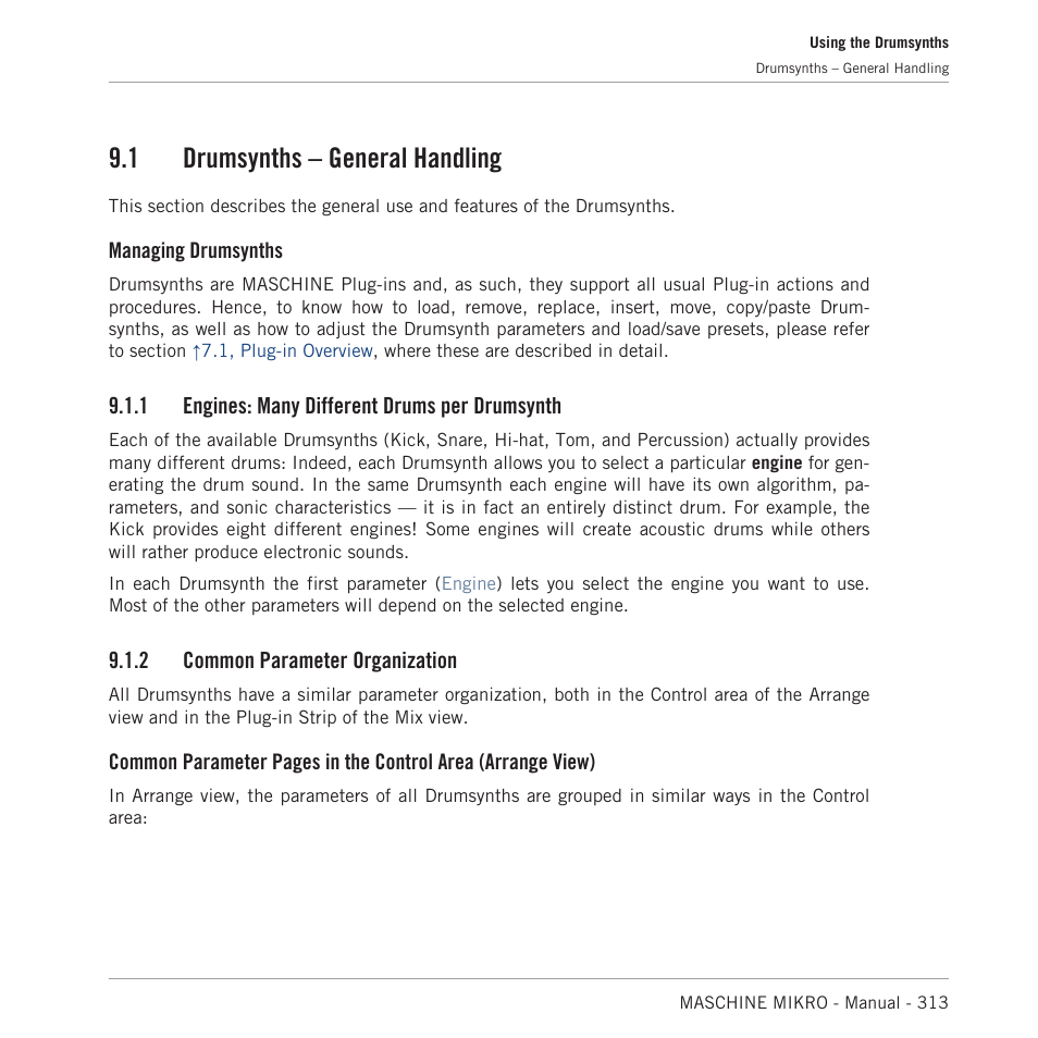 Drumsynths – general handling, Engines: many different drums per drumsynth, Common parameter organization | 1, drum, Synths – general handling, 1 drumsynths – general handling, Managing drumsynths, 1 engines: many different drums per drumsynth, 2 common parameter organization | Native Instruments MASCHINE MIKRO MK3 Groove Production Studio (Black) User Manual | Page 313 / 807