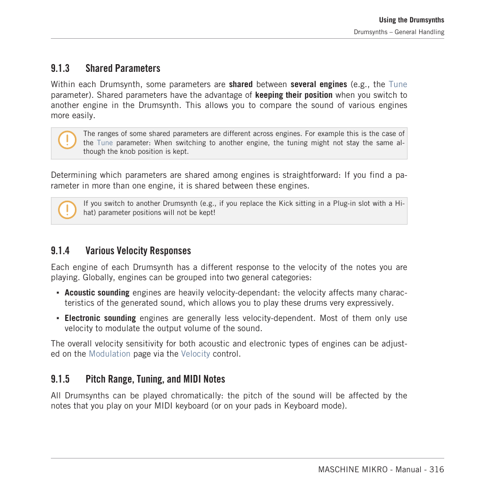 Shared parameters, Various velocity responses, Pitch range, tuning, and midi notes | 3 shared parameters, 4 various velocity responses | Native Instruments MASCHINE MIKRO MK3 Groove Production Studio (Black) User Manual | Page 316 / 807