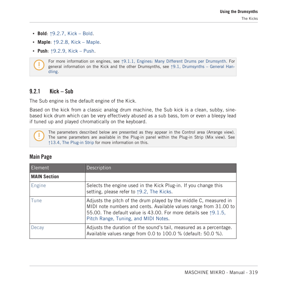 Kick – sub, Default), 1, kick – sub | 1 kick – sub, Main page | Native Instruments MASCHINE MIKRO MK3 Groove Production Studio (Black) User Manual | Page 319 / 807