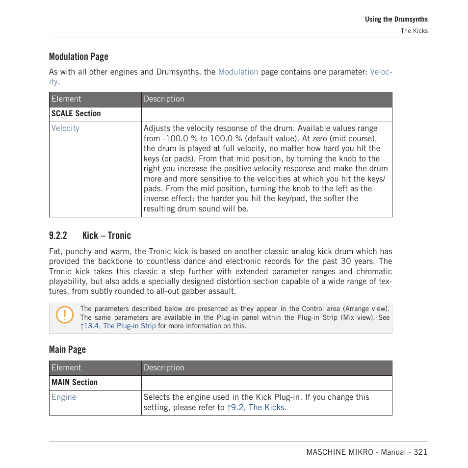 Kick – tronic, 2, kick – tronic, Modulation page | 2 kick – tronic, Main page | Native Instruments MASCHINE MIKRO MK3 Groove Production Studio (Black) User Manual | Page 321 / 807