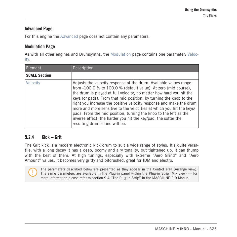 Kick – grit, Advanced page, Modulation page | 4 kick – grit | Native Instruments MASCHINE MIKRO MK3 Groove Production Studio (Black) User Manual | Page 325 / 807