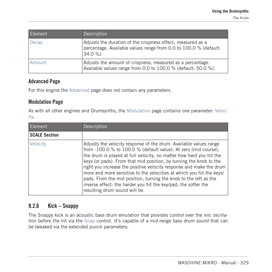Kick – snappy, 6, kick – snappy, Advanced page | Modulation page, 6 kick – snappy | Native Instruments MASCHINE MIKRO MK3 Groove Production Studio (Black) User Manual | Page 329 / 807