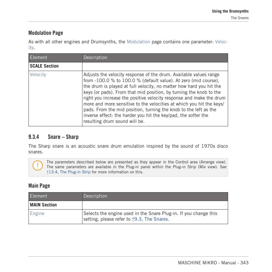 Snare – sharp, 4, snare – sharp, Modulation page | 4 snare – sharp, Main page | Native Instruments MASCHINE MIKRO MK3 Groove Production Studio (Black) User Manual | Page 343 / 807