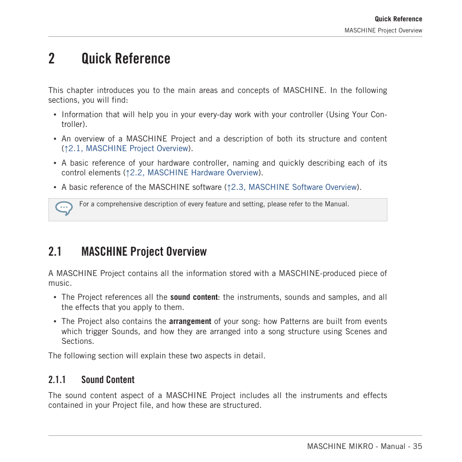 Quick reference, Maschine project overview, Sound content | 2quick reference, 1 maschine project overview, 1 sound content | Native Instruments MASCHINE MIKRO MK3 Groove Production Studio (Black) User Manual | Page 35 / 807