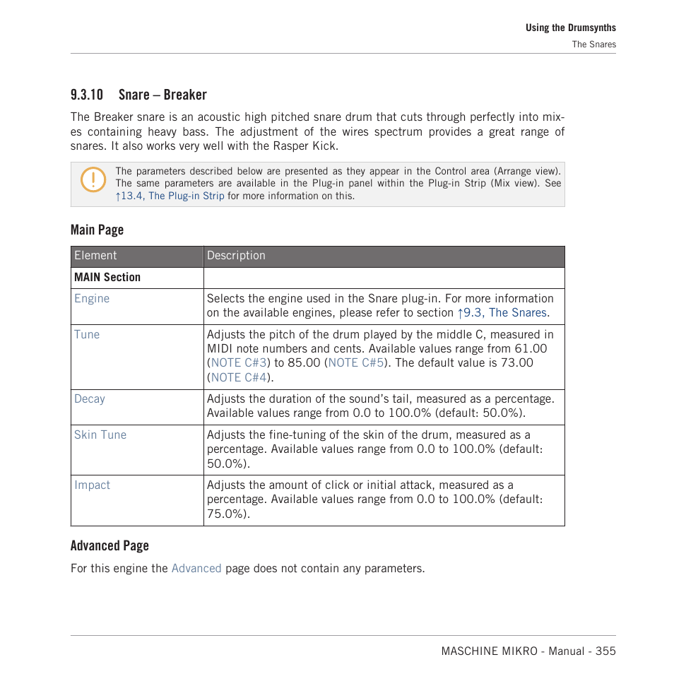 Snare – breaker, 10 snare – breaker, Main page | Advanced page | Native Instruments MASCHINE MIKRO MK3 Groove Production Studio (Black) User Manual | Page 355 / 807