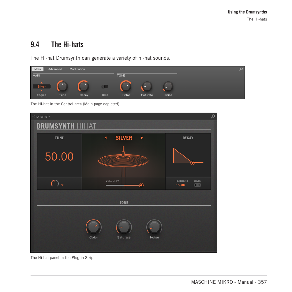 The hi-hats, The hi-hat plug-in, 4, the hi-hats | 4 the hi-hats | Native Instruments MASCHINE MIKRO MK3 Groove Production Studio (Black) User Manual | Page 357 / 807
