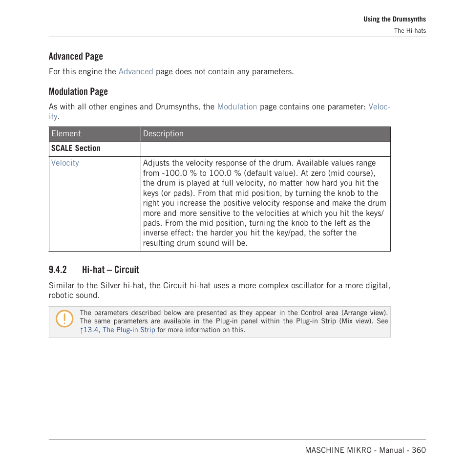 Hi-hat – circuit, 2, hi-hat – circuit, Advanced page | Modulation page, 2 hi-hat – circuit | Native Instruments MASCHINE MIKRO MK3 Groove Production Studio (Black) User Manual | Page 360 / 807