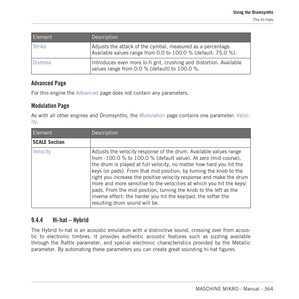 Hi-hat – hybrid, Advanced page, Modulation page | 4 hi-hat – hybrid | Native Instruments MASCHINE MIKRO MK3 Groove Production Studio (Black) User Manual | Page 364 / 807