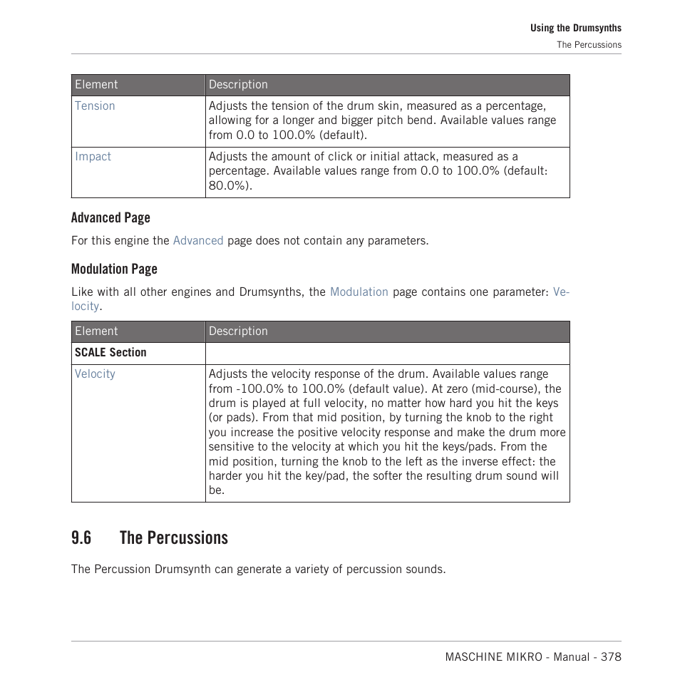 The percussions, The percussion plug-in, 6, the percussions | 6 the percussions, Advanced page, Modulation page | Native Instruments MASCHINE MIKRO MK3 Groove Production Studio (Black) User Manual | Page 378 / 807