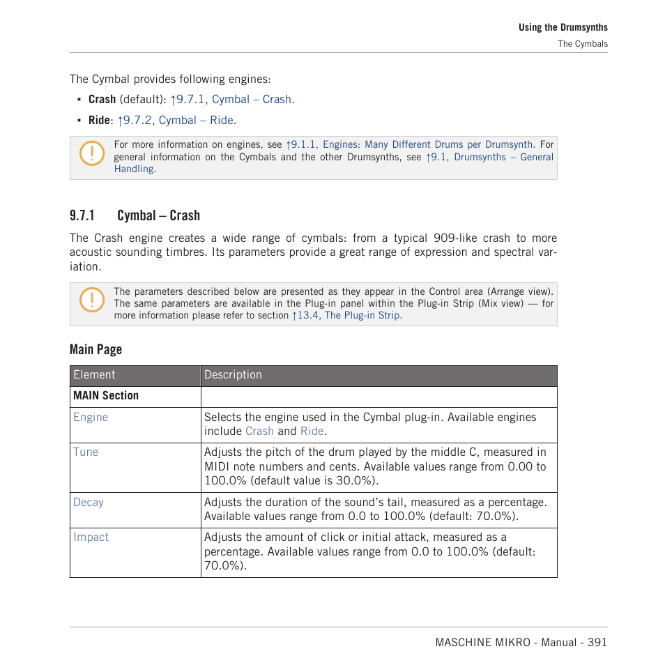 Cymbal – crash, 1 cymbal – crash, Main page | Native Instruments MASCHINE MIKRO MK3 Groove Production Studio (Black) User Manual | Page 391 / 807
