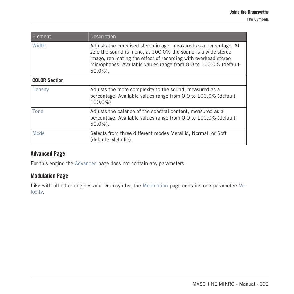 Advanced page, Modulation page | Native Instruments MASCHINE MIKRO MK3 Groove Production Studio (Black) User Manual | Page 392 / 807