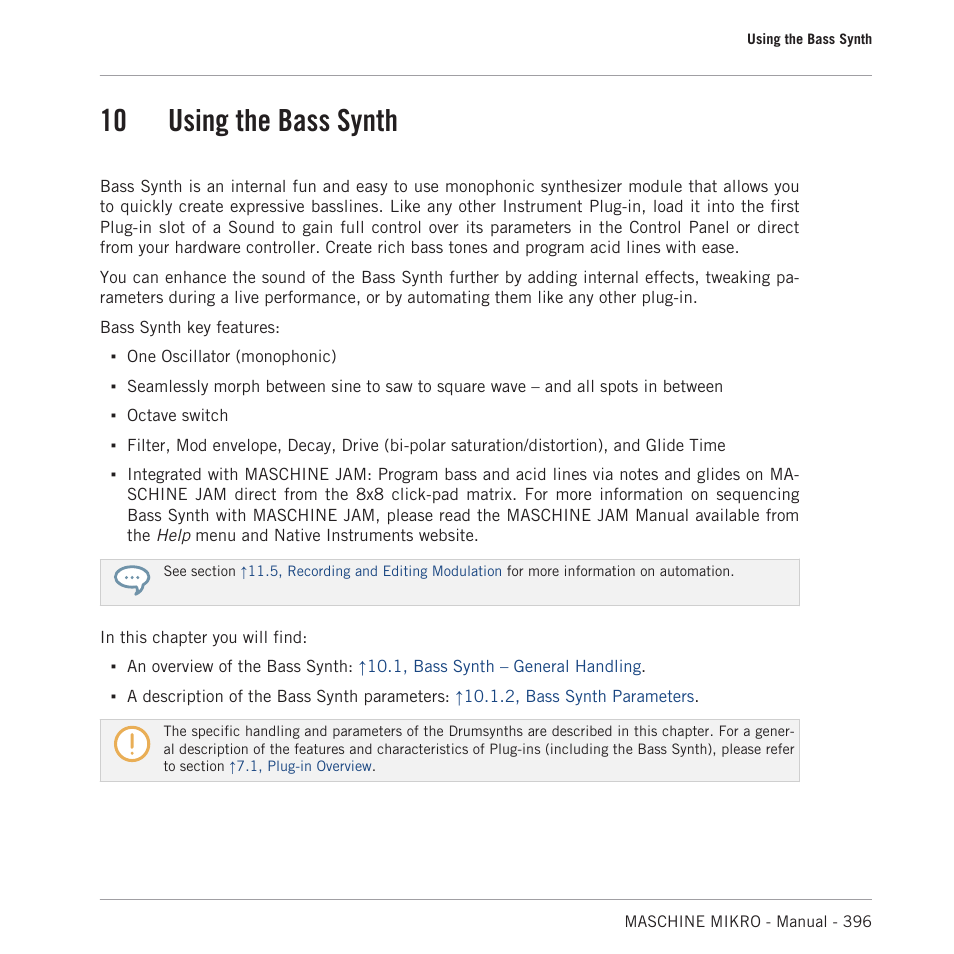 Using the bass synth, 10 using the bass synth, Chapter | 10, using the bass synth | Native Instruments MASCHINE MIKRO MK3 Groove Production Studio (Black) User Manual | Page 396 / 807