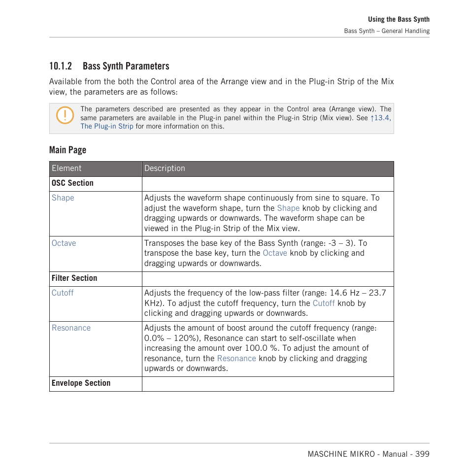 Bass synth parameters, A description of the bass synth parameters, 2, bass synth parameters | 2 bass synth parameters, Main page | Native Instruments MASCHINE MIKRO MK3 Groove Production Studio (Black) User Manual | Page 399 / 807