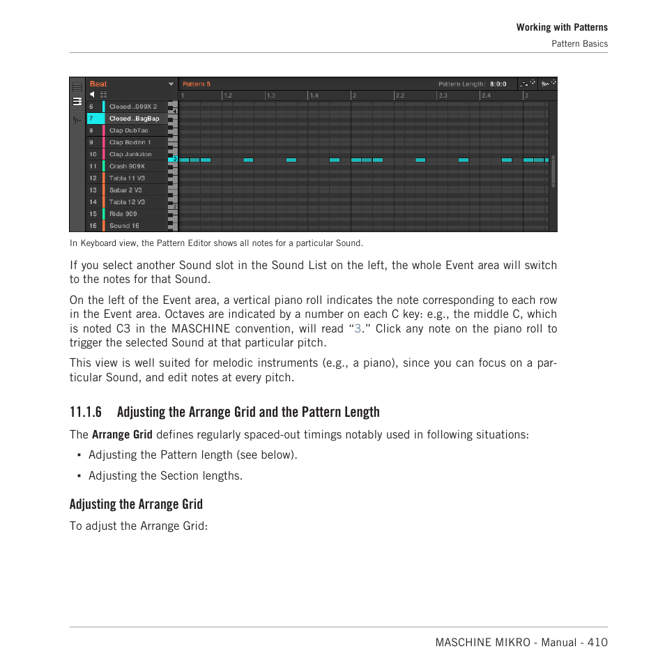 Adjusting the arrange grid and the pattern length, Section, 6, adjusting the arrange grid and the pattern | Length, 6, adjusting the arrange grid and the pat, Tern length, 6, adjusting the arrange grid and the, Pattern length, Adjusting the arrange grid | Native Instruments MASCHINE MIKRO MK3 Groove Production Studio (Black) User Manual | Page 410 / 807