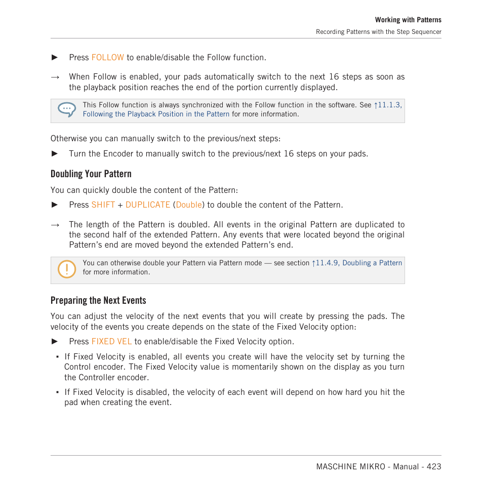 Doubling your pattern, Preparing the next events | Native Instruments MASCHINE MIKRO MK3 Groove Production Studio (Black) User Manual | Page 423 / 807