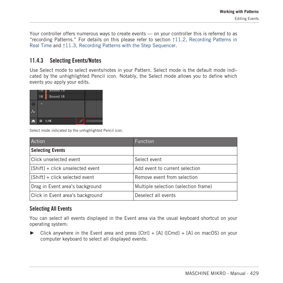 Selecting events/notes, 3, selecting events/notes, Selecting all events | Native Instruments MASCHINE MIKRO MK3 Groove Production Studio (Black) User Manual | Page 429 / 807