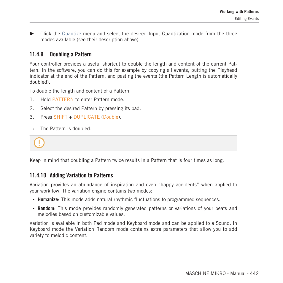 Doubling a pattern, Adding variation to patterns, 10 adding variation to patterns | Section, 9, doubling a pattern, 9 doubling a pattern | Native Instruments MASCHINE MIKRO MK3 Groove Production Studio (Black) User Manual | Page 442 / 807
