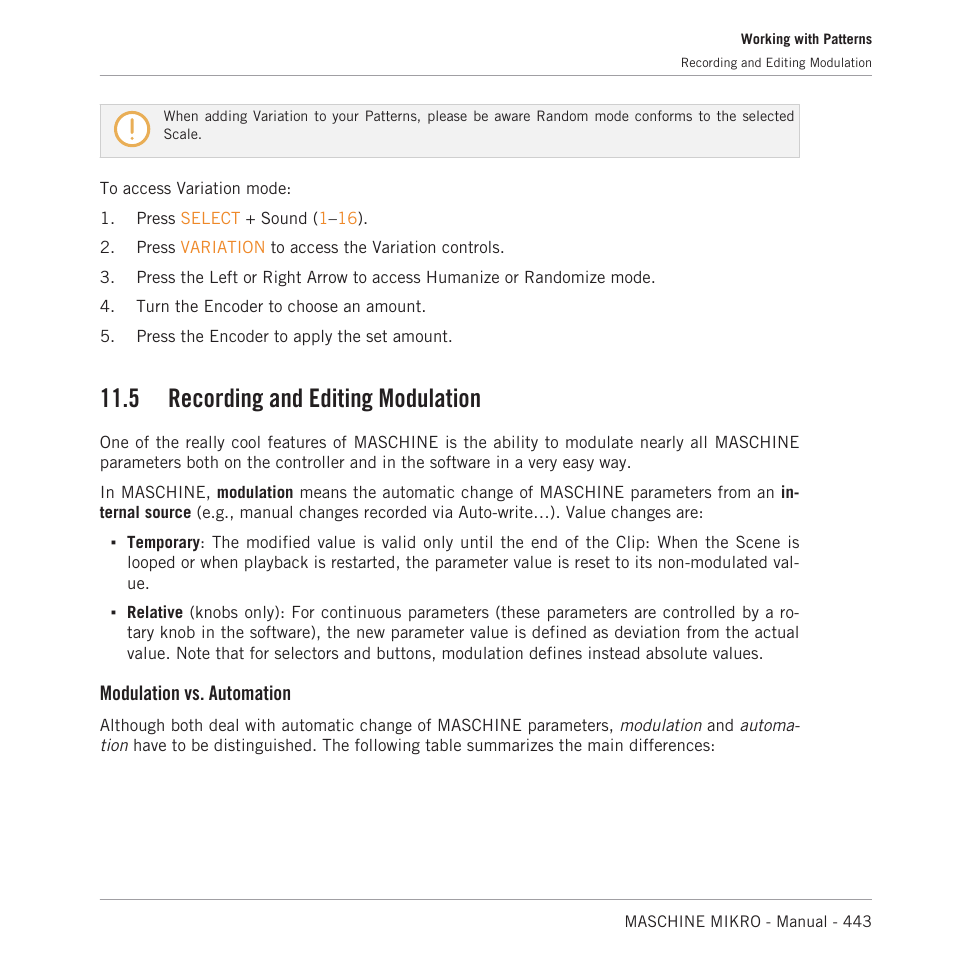 Recording and editing modulation, 5, recording and editing modulation, Tion | See section, 5, recording and editing mod, Ulation, 5, recording and edit, Ing modulation, 5 recording and editing modulation, Modulation vs. automation | Native Instruments MASCHINE MIKRO MK3 Groove Production Studio (Black) User Manual | Page 443 / 807