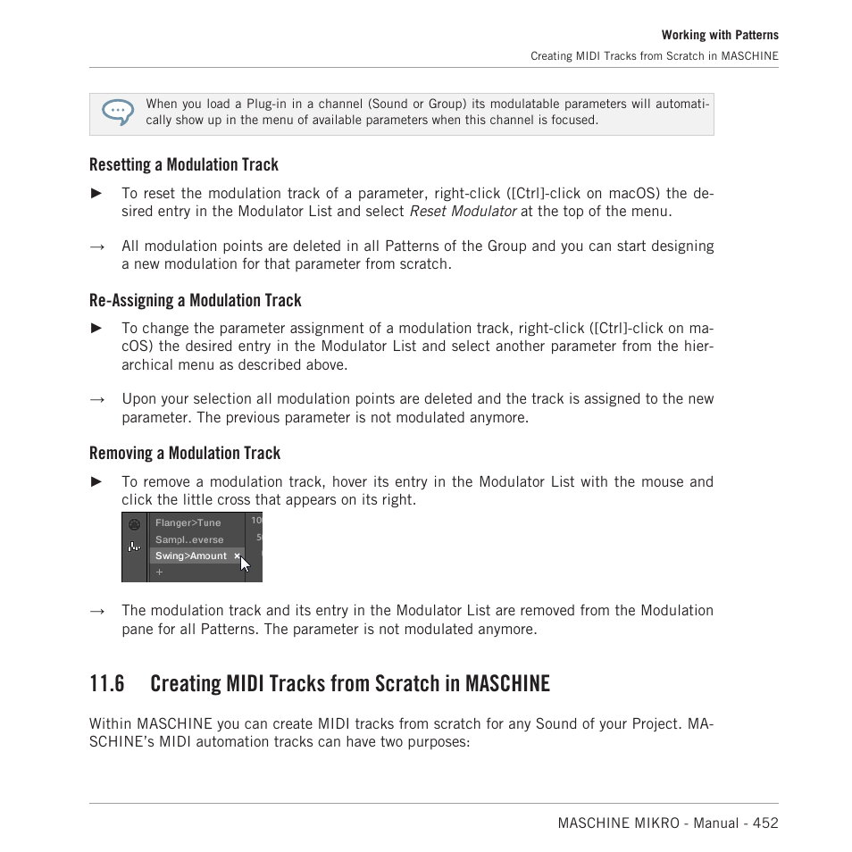 Creating midi tracks from scratch in maschine, 6, creating midi tracks from scratch in, Maschine | 6 creating midi tracks from scratch in maschine, Resetting a modulation track, Re-assigning a modulation track, Removing a modulation track | Native Instruments MASCHINE MIKRO MK3 Groove Production Studio (Black) User Manual | Page 452 / 807