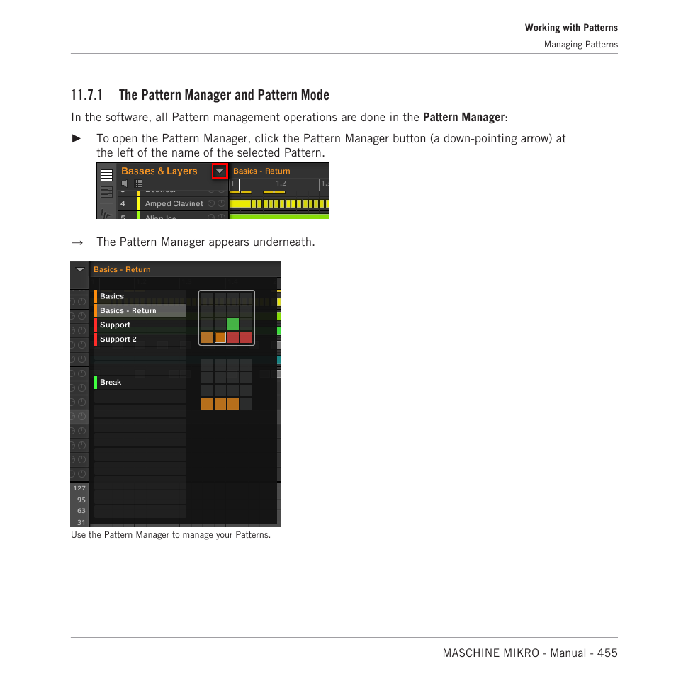 The pattern manager and pattern mode, 1, the pattern man, Ager and pattern mode | 1, the pattern, Manager and pattern mode, For more information on the pattern manager), 1 the pattern manager and pattern mode | Native Instruments MASCHINE MIKRO MK3 Groove Production Studio (Black) User Manual | Page 455 / 807