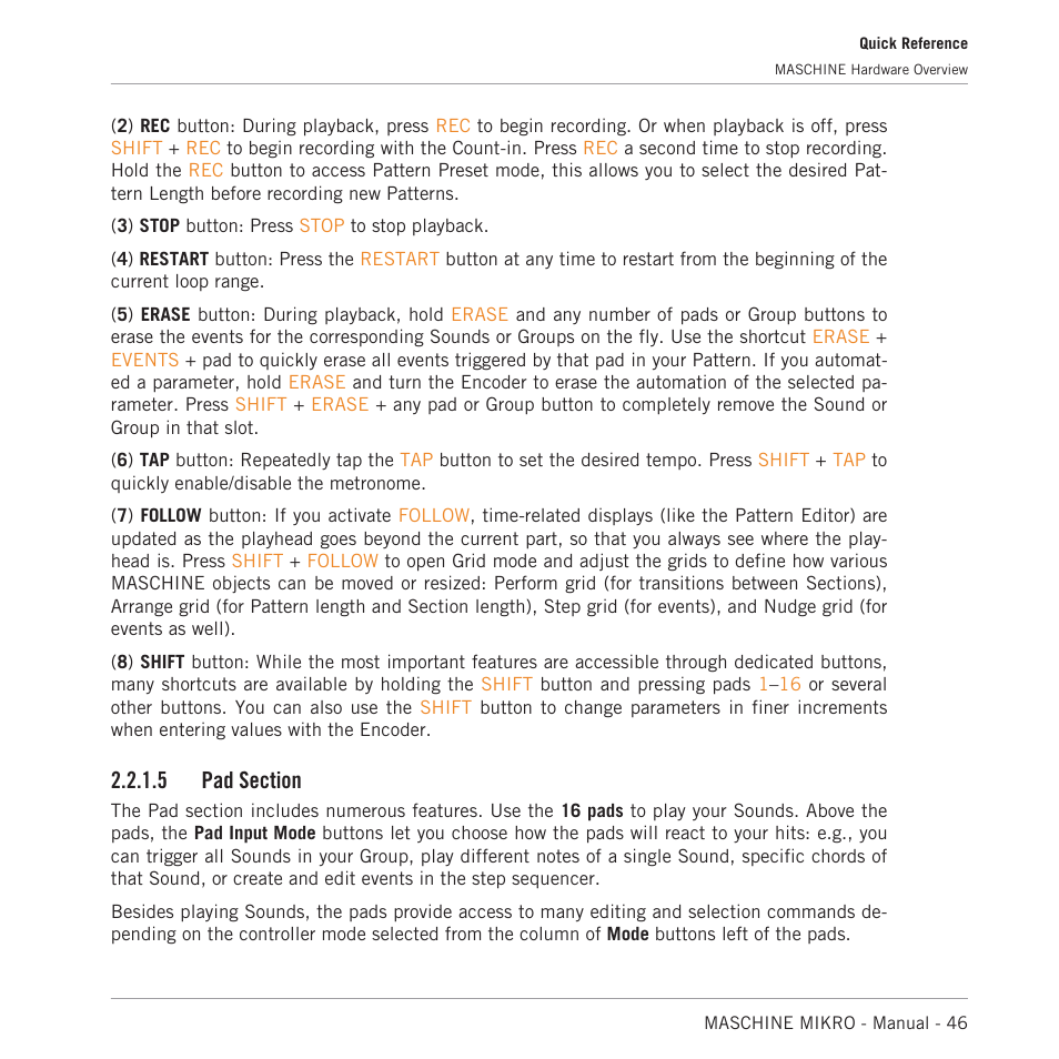 Pad section, Information on this section, see, 5, pad section | Native Instruments MASCHINE MIKRO MK3 Groove Production Studio (Black) User Manual | Page 46 / 807