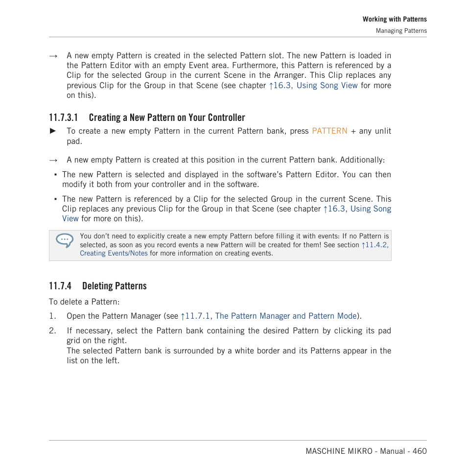 Creating a new pattern on your controller, Deleting patterns, 1 creating a new pattern on your controller | 4 deleting patterns | Native Instruments MASCHINE MIKRO MK3 Groove Production Studio (Black) User Manual | Page 460 / 807