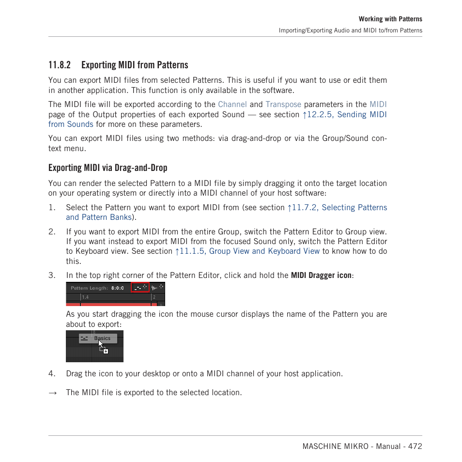 Exporting midi from patterns, 2, exporting midi from patterns, 2, exporting midi from pat | Terns, 2, exporting midi, From patterns, For more information, 2 exporting midi from patterns, Exporting midi via drag-and-drop | Native Instruments MASCHINE MIKRO MK3 Groove Production Studio (Black) User Manual | Page 472 / 807