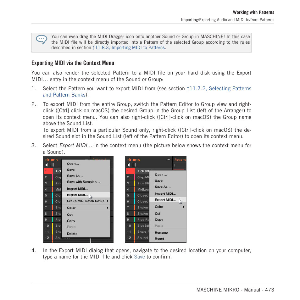 Exporting midi via the context menu | Native Instruments MASCHINE MIKRO MK3 Groove Production Studio (Black) User Manual | Page 473 / 807