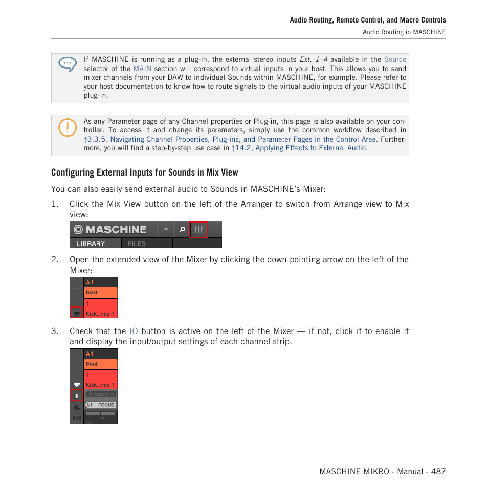 Configuring external inputs for sounds in mix view | Native Instruments MASCHINE MIKRO MK3 Groove Production Studio (Black) User Manual | Page 487 / 807