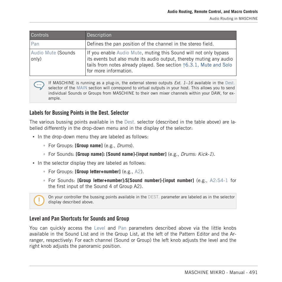 Labels for bussing points in the dest. selector, Level and pan shortcuts for sounds and group | Native Instruments MASCHINE MIKRO MK3 Groove Production Studio (Black) User Manual | Page 491 / 807